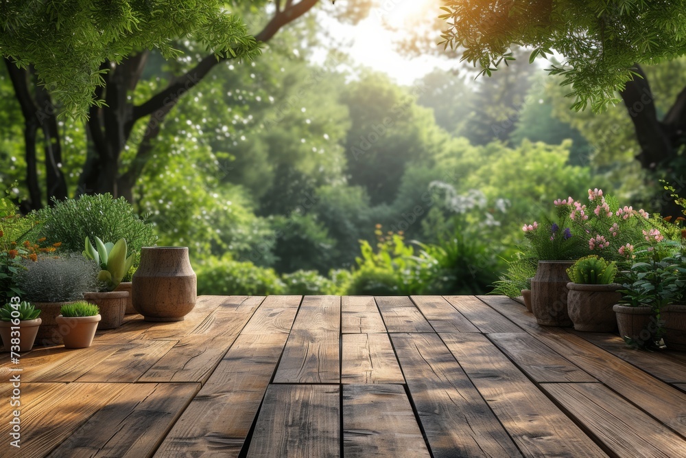 Serene garden terrace with a view of lush greenery and blooming flowers at sunrise Serene garden terrace with a view of lush greenery and blooming flowers at sunrise