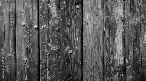 Monochrome capture of aged wooden planks, highlighting the patterns and scars of time. The image displays the wood's intricate details and natural wear in black and white.