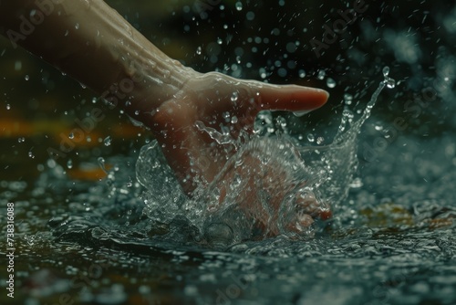 Detailed capture of a woman s hand making a splash in a lake  with water droplets frozen in motion.