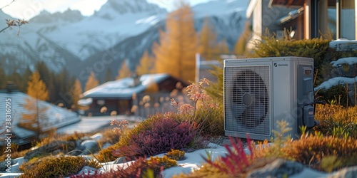 Air source heat pump installed outside, Sustainable and clean energy at home.
