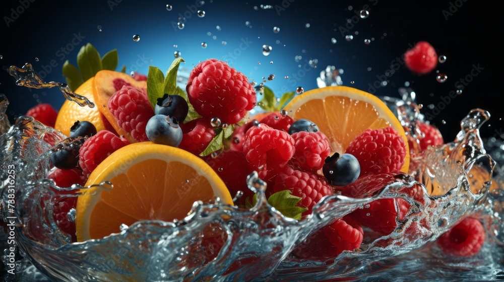 Refreshing Fruit Splash in Water with Strawberries, Blueberries, and Raspberries