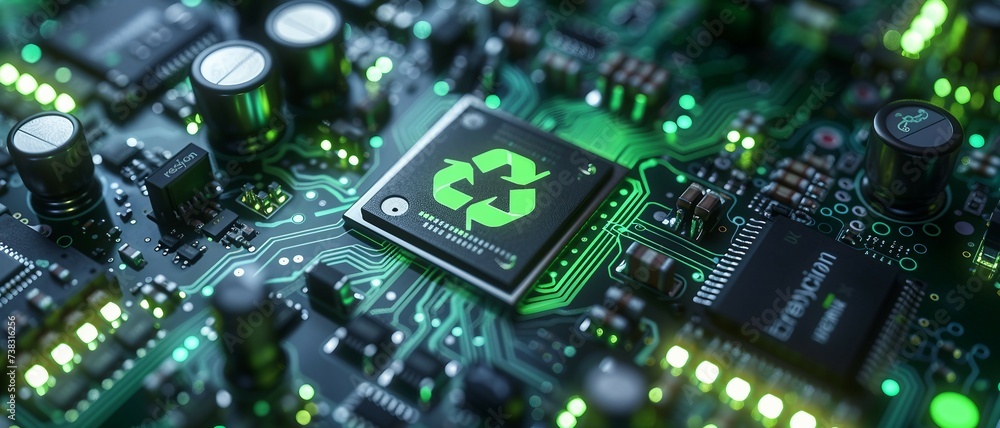 Close-up view of a microchip on circuit board with a glowing green recycling symbol
Close-up view of a microchip on circuit board with a glowing green recycling symbol