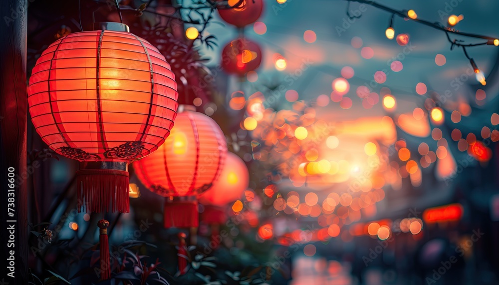 Red Chinese lanterns on the street. Chinese lanterns at night.