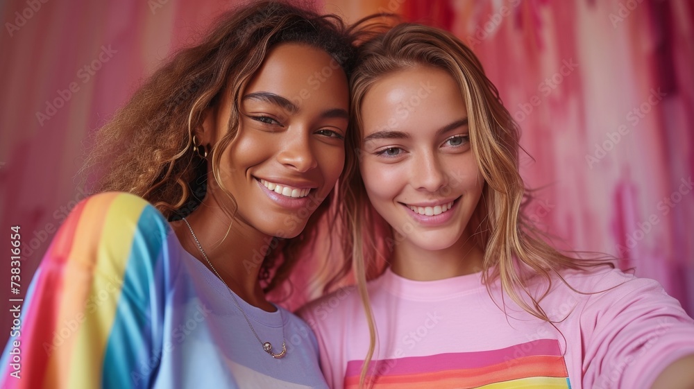 Two young women sitting among flowers, holding a pride flag Two young women sitting among flowers, holding a pride flag