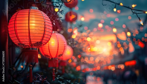 Red Chinese lanterns on the street. Chinese lanterns at night.