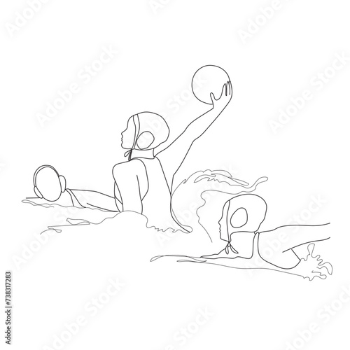Female playing water polo game outline vector illustration. Water polo woman player getting ready to strike at game vector continuous line.