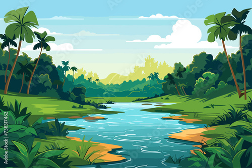 Landscape Vector Illustration of River and Mountains 