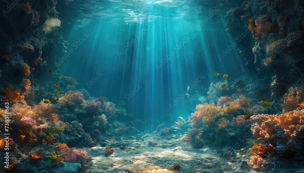 Underwater view of coral reef with fishes and rays of light. wallpaper, banner, copy space Underwater view of coral reef with fishes and rays of light. wallpaper, banner, copy space