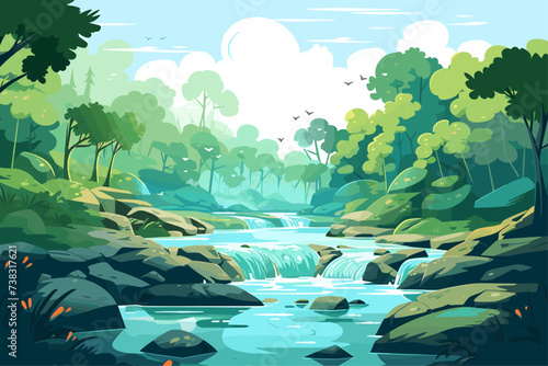 Landscape Vector Illustration of River and Mountains 
