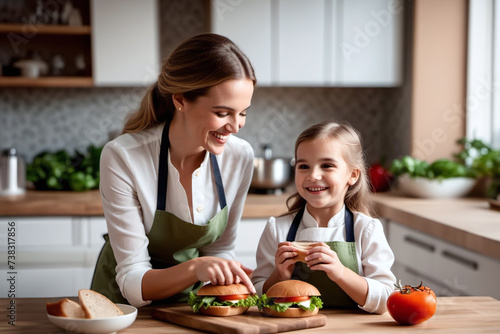 Joyful excited young mom and pretty little daughter girl preparing sandwiches in kitchen together, cutting ingredients, smiling, laughing, posing for cooking blog picture. generative ai