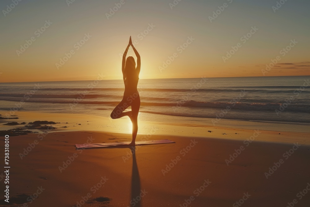 Woman practicing yoga during a serene sunset on a beach, achieving a perfect pose with the sun setting over the ocean horizon.