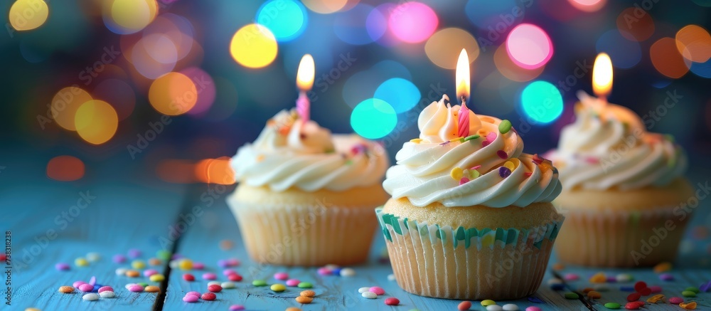 Cupcakes adorned with lit birthday candles