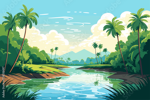 Beautiful Vector Landscape of a River Valley with Hills and Mountains