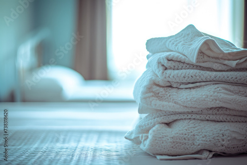 Neat stack of towels placed on top of bed. Perfect for showcasing hotel or spa amenities.
