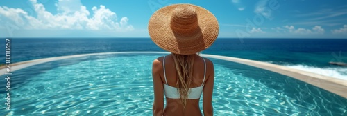 A young woman in a hat enjoys a tropical summer holiday by the pool, embodying beauty and relaxation. © Andrii Zastrozhnov