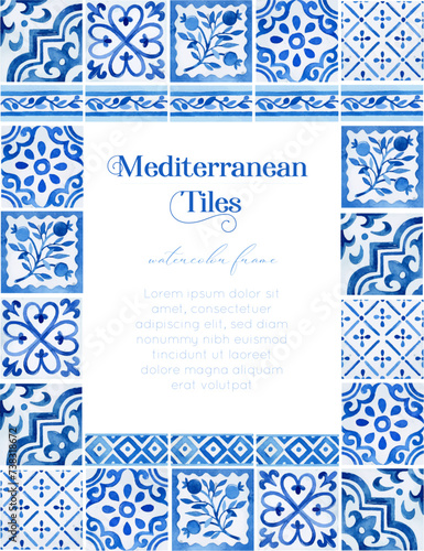 Watercolor rectangle Mediterranean frame with azulejo tiles and border tiles for invitation