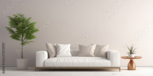 Minimalistic and cozy contemporary interior with white sofa  soft cushions  and glass table.
