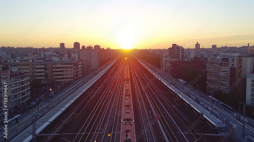 Warm sunset glow on railway tracks, creating a captivating and tranquil scene at twilight. Warm sunset glow on railway tracks, creating a captivating and tranquil scene at twilight.