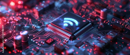 A close-up view of a glowing WiFi symbol on a microchip on a circuit board. 