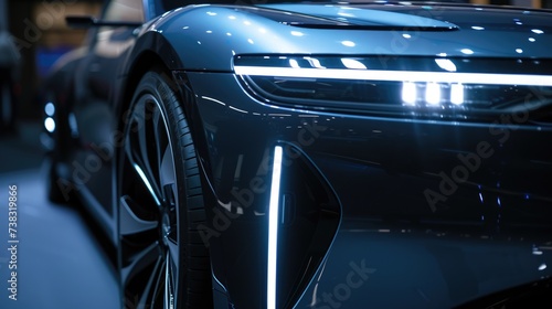 A close-up of a sleek black luxury sports car's headlight, showcased in the reflective ambiance of a premium car showroom. AIG41 © Summit Art Creations