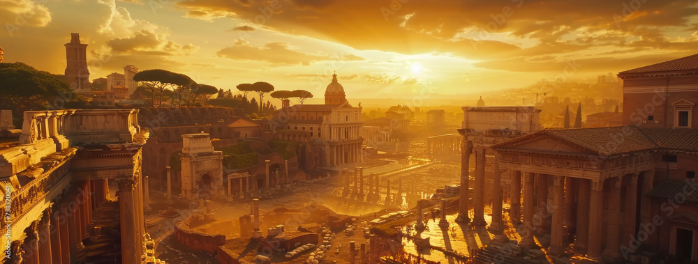 Fiction panoramic view of Ancient Rome at sunset, urban landscape in summer. Wide banner with historical buildings, sun and sky. Concept of Roman Empire, antique, travel,