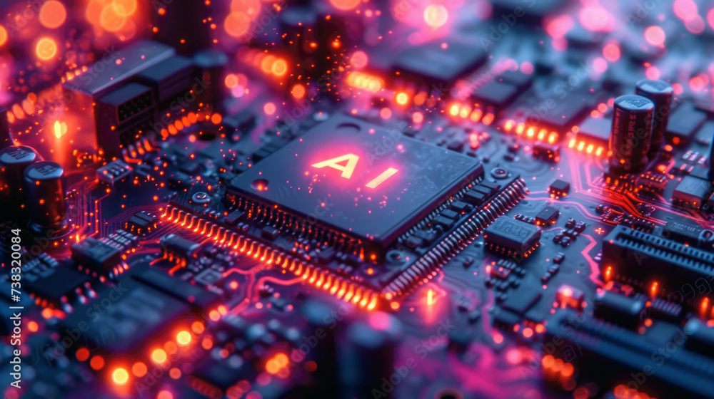 AI processor glows with neon light, microchip of artificial intelligence on pcb. Concept of chip, computer technology, circuit board, data, semiconductor, power.