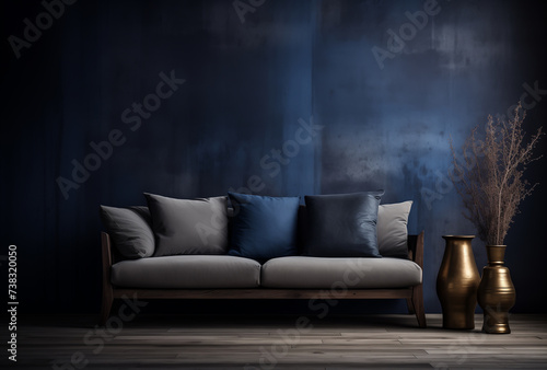 A grey sofa on a dark blue wall