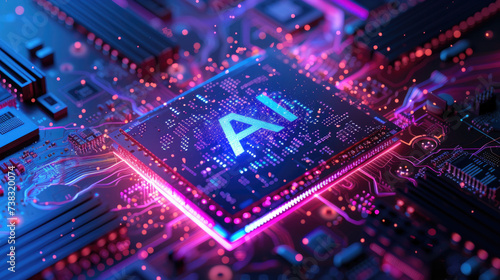 AI processor glows with neon light, powerful chip of artificial intelligence radiates purple pink energy. Concept of computer technology, circuit board, cpu, data, power.