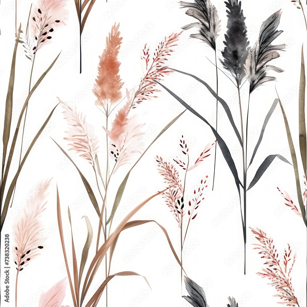 Watercolor reed flowers with leaves seamless pattern.