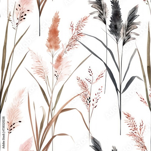 Obraz na płótnie Watercolor reed flowers with leaves seamless pattern. w salonie