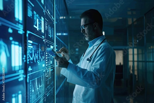 Healthcare and medical concept, doctor doing research diagnosis of patient, record and report with virtual interface.
