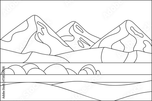 coloring page landscape mountains with lake vector background