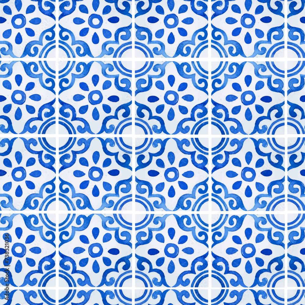 Fototapeta premium Watercolor seamless pattern with simple Mediterranean tiles for wallpaper and wrapping paper
