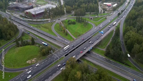 Aerial view of the Helsinki highway in North Haaga, Helsinki, on a rainy summer day. photo