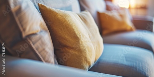 Close up of a fabric sofa with styled cushions and throw, copy space, cozy lifestyle, beige graceful home decoration background.