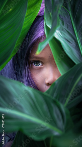 Portrait of a little girl with purple hair. Close up face behind the green tropical leaves. 