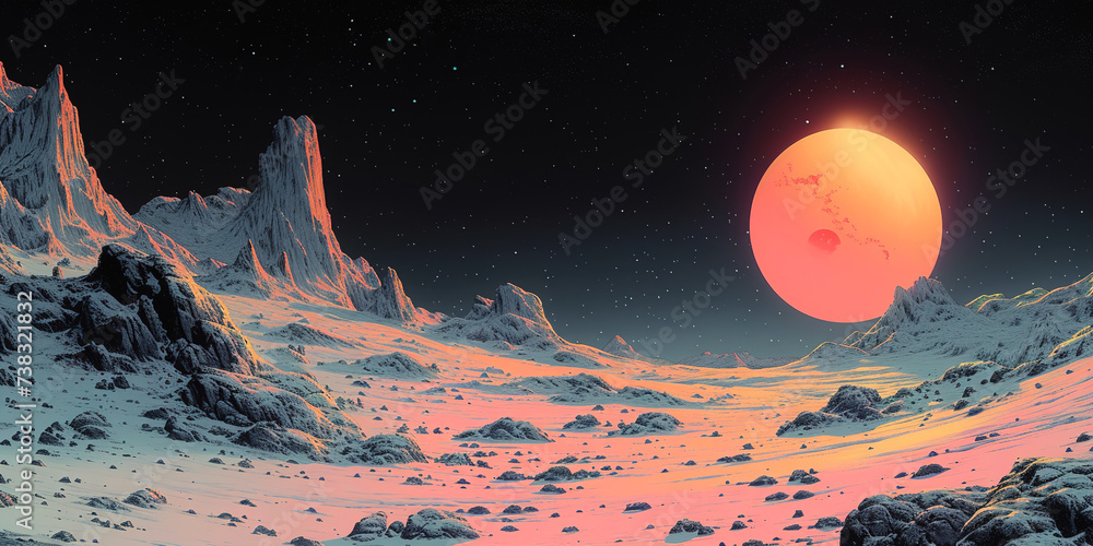 Fototapeta premium Surrealism illustrations of Morning over the deserted abandoned planet.
