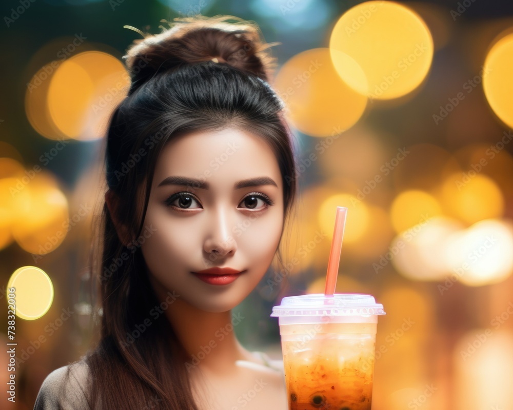 portrait of an asian woman with a drink. bubble tea Coffee with milk and ice.. Thai, Vietnamese. Evening Asian market. bokeh background portrait of an asian woman with a drink. bubble tea Coffee with milk and ice.. Thai, Vietnamese. Evening Asian market. bokeh background