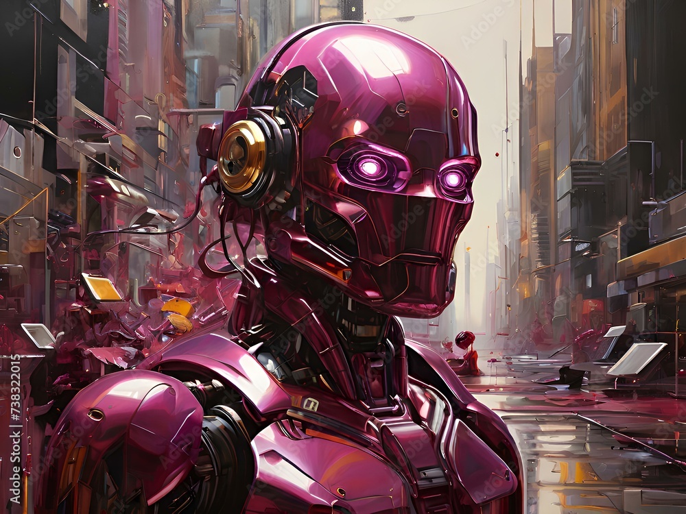 Fototapeta premium In a mesmerizing depiction, a glitchy magenta-hued robot uprising electrifies the canvas. This enthralling acrylic painting portrays a chaos-filled battle as robotic figures clash in a futuristic city