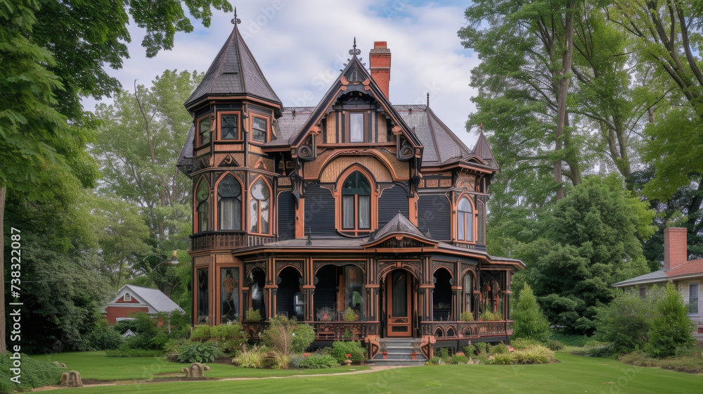 Youll be transported to a different time with this breathtaking Victorian Gothic Revival house adorned with intricate wood carvings steep gables and a mix of materials and Youll be transported to a different time with this breathtaking Victorian Gothic Revival house adorned with intricate wood carvings steep gables and a mix of materials and