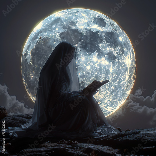 Silhouette Reading Quran Under a Glowing Full Moon. An artistic close-up depicts a person in silhouette reading the Quran, illuminated by the soft light of an enormous full moon.