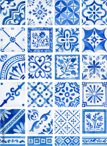 Watercolor Mediterranean tiles and borders isolated clipart set