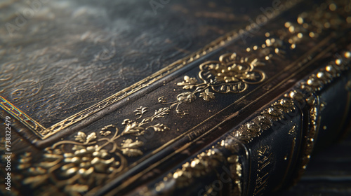 A close-up of a vintage, well-worn leather-bound book with intricate gold leaf detailing on the spine
