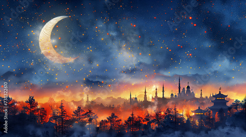 Surreal Crescent Moon Cradling Stars for Ramadan. An artistic representation of the crescent moon and stars over a traditional Ramadan scene  symbolizing the holy month. 