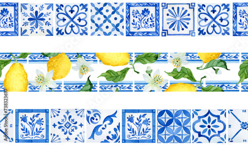 Watercolor seamless borders set with Mediterranean azulejo tiles, border tiles and ripen lemons with flowers and leaves