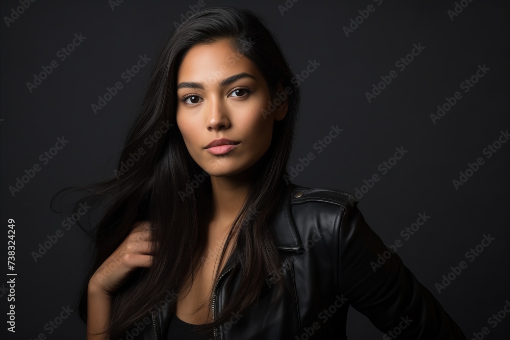 Portrait of a beautiful asian woman in leather jacket on dark background Portrait of a beautiful asian woman in leather jacket on dark background