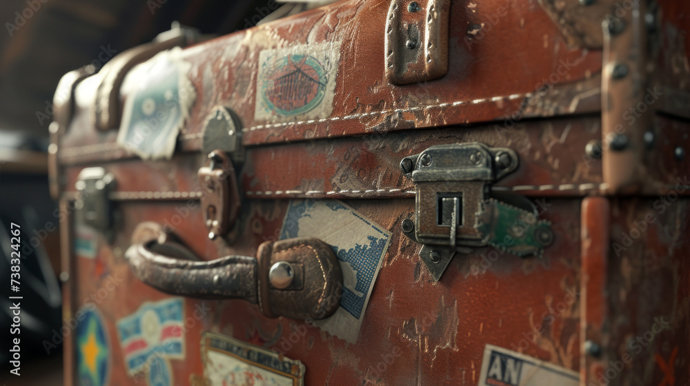 A detailed shot of a worn leather suitcase covered in travel stickers, hinting at past adventures