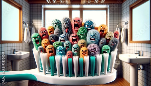 Close-up view of colorful, angry bacteria on a toothbrush, with a blurred bathroom background