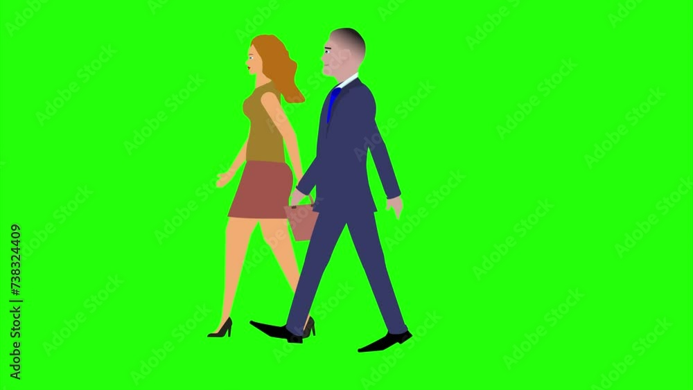 Animation with Man and women character walking side view, seamless loop on green screen, chroma key Animation with Man and women character walking side view, seamless loop on green screen, chroma key