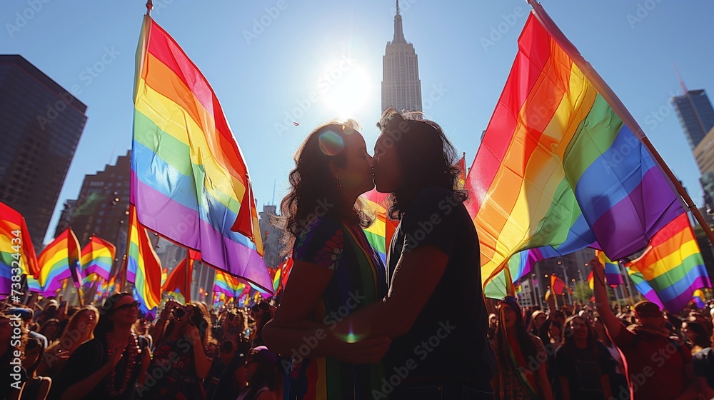 Pride Parade: A young couple, holding hands and smiling, kisses under a rainbow flag during a vibrant Pride parade as they celebrate love and diversity in the city streets Pride Parade: A young couple, holding hands and smiling, kisses under a rainbow flag during a vibrant Pride parade as they celebrate love and diversity in the city streets